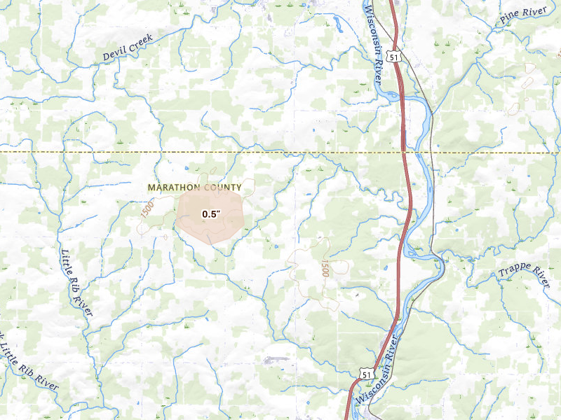 Radar-estimated hail-size map of the storm over Merrill, WI on Aug 11, 2026