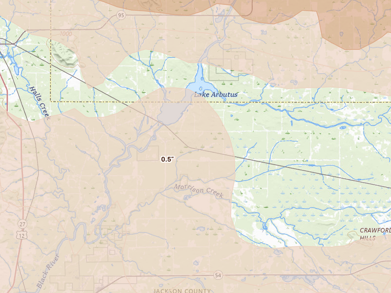 Radar-estimated hail-size map of the storm over Merrillan, WI on Apr 13, 2026