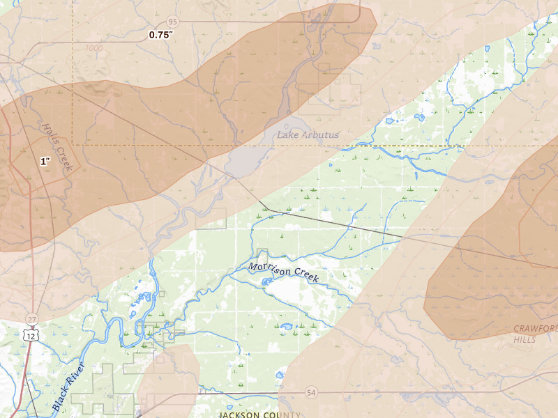 Radar-estimated hail-size map of the storm over Merrillan, WI on Apr 17, 2026