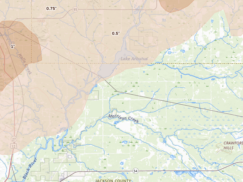 Radar-estimated hail-size map of the storm over Merrillan, WI on Jun 9, 2026