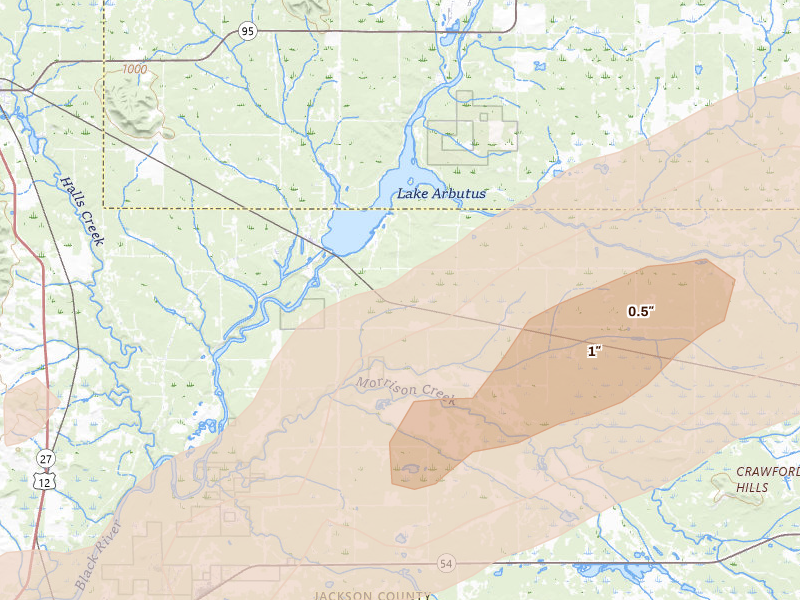 Radar-estimated hail-size map of the storm over Merrillan, WI on Jun 30, 2026