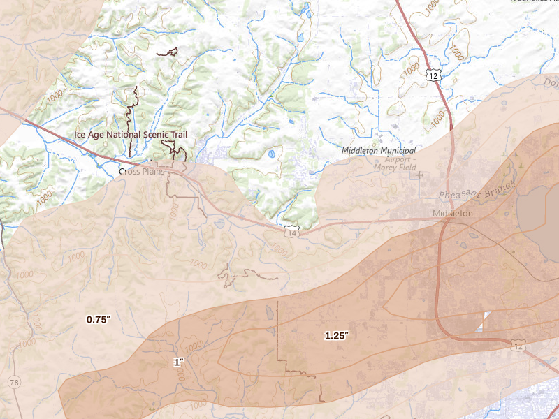 Radar-estimated hail-size map of the storm over Middleton, WI on Apr 14, 2026