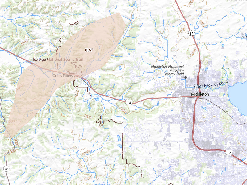Radar-estimated hail-size map of the storm over Middleton, WI on Apr 17, 2026