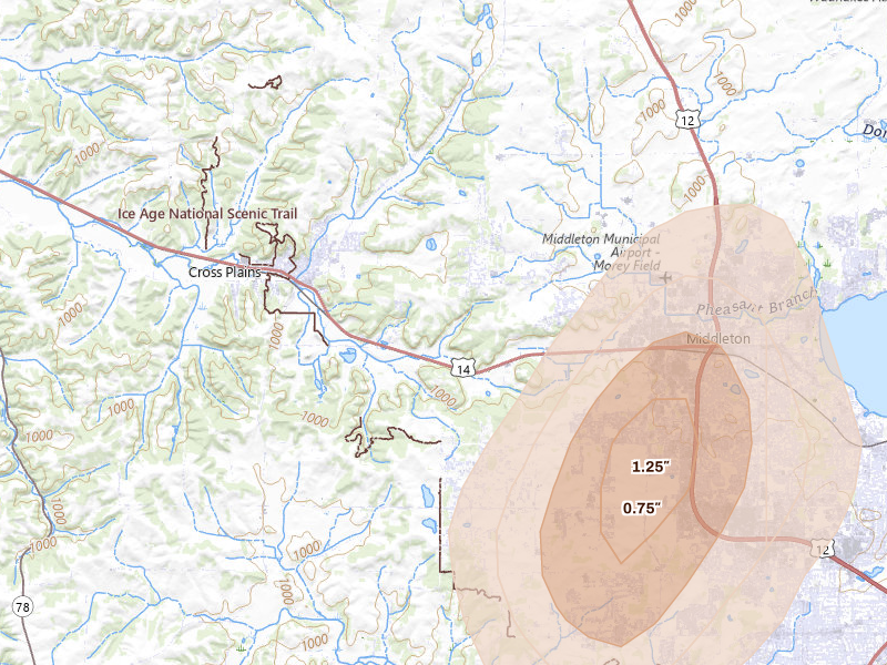 Radar-estimated hail-size map of the storm over Middleton, WI on Jun 10, 2026