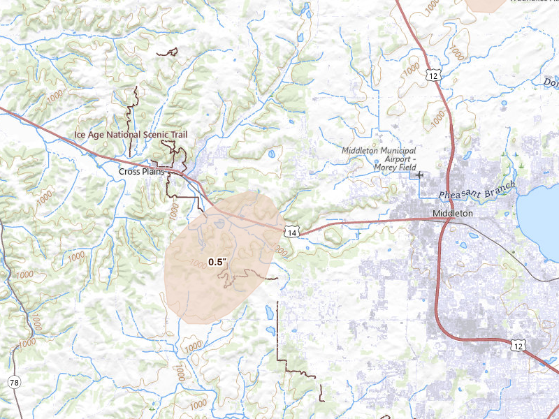 Radar-estimated hail-size map of the storm over Middleton, WI on Jul 2, 2026