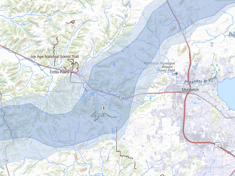 NEXRAD radar-signature map of the hail storm over Middleton, WI on Jul 2, 2026