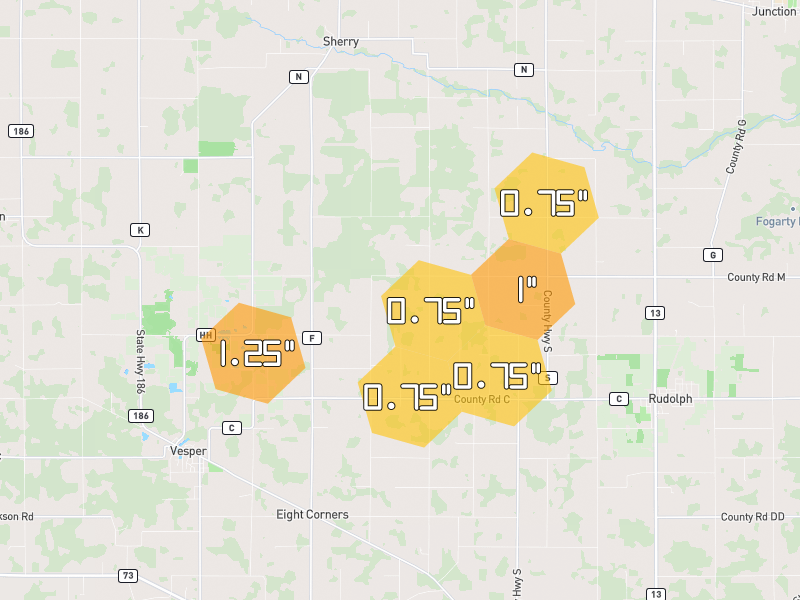 Hail map of Milladore, WI on Jun 30, 2026, hail up to 1.25"