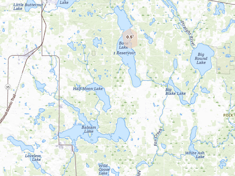 Radar-estimated hail-size map of the storm over Milltown, WI on Jun 5, 2026