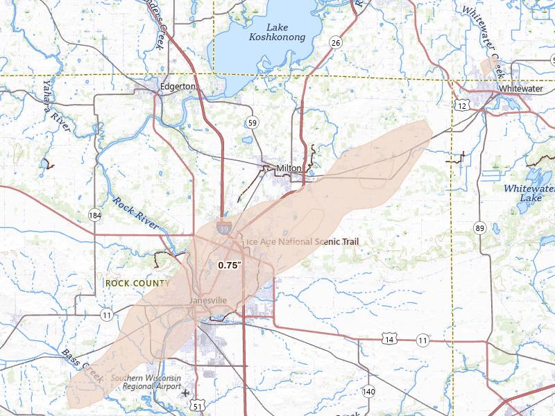 Radar-estimated hail-size map of the storm over Milton, WI on Apr 2, 2026