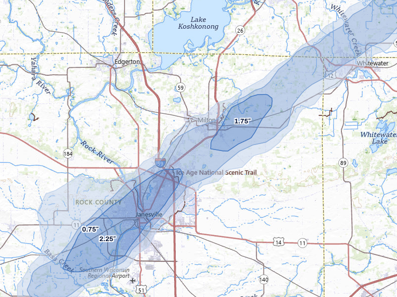 NEXRAD radar-signature map of the hail storm over Milton, WI on Apr 2, 2026