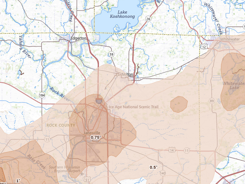 Radar-estimated hail-size map of the storm over Milton, WI on Apr 17, 2026