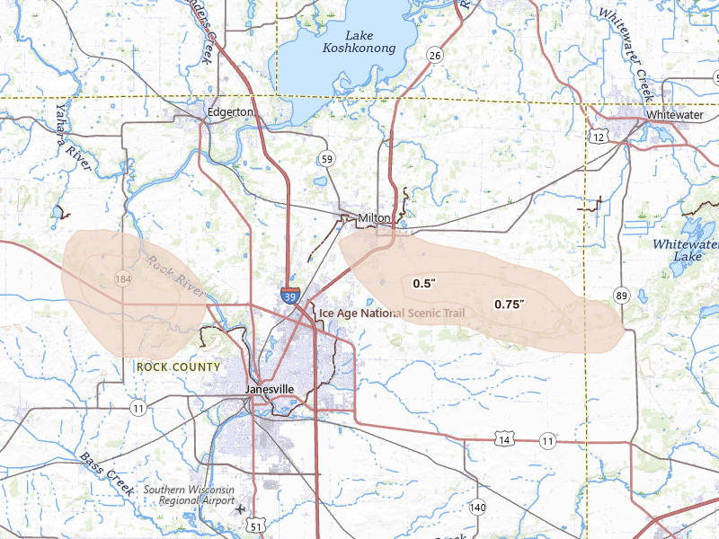 Radar-estimated hail-size map of the storm over Milton, WI on Jun 24, 2026