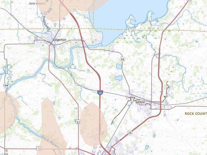Radar-estimated hail-size map of the storm over Milton, WI on Aug 9, 2026