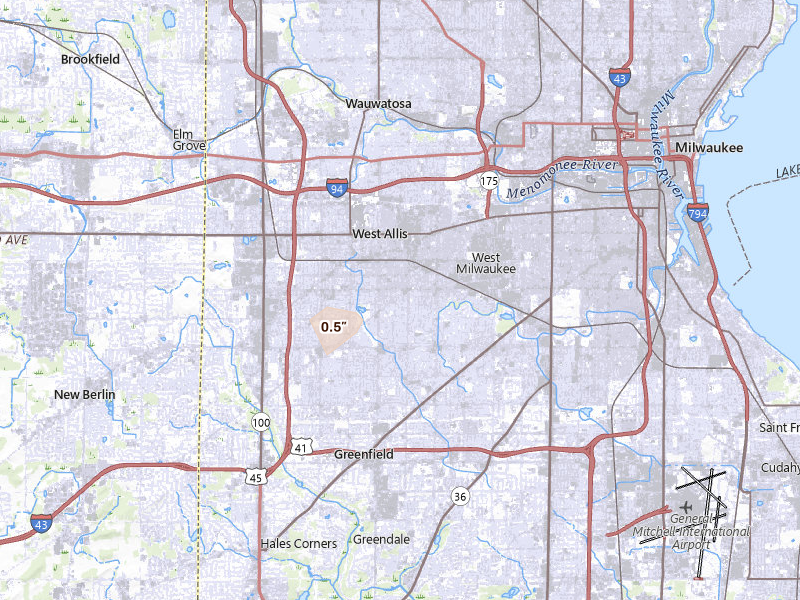 Radar-estimated hail-size map of the storm over Milwaukee, WI on Apr 15, 2026