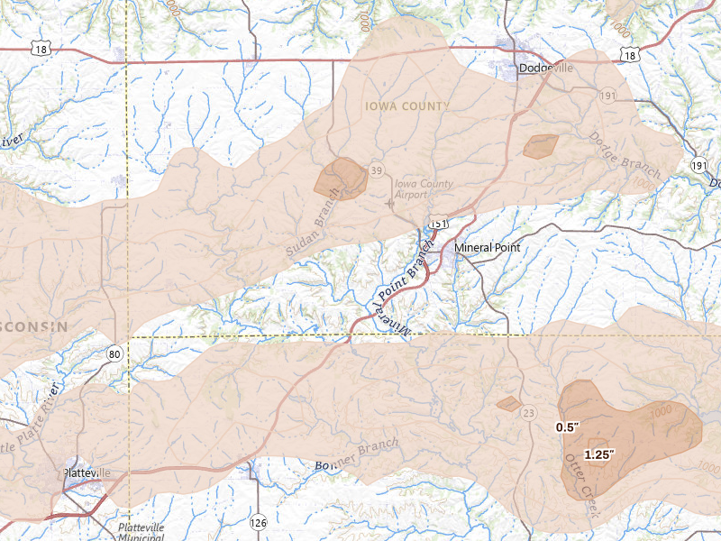 Radar-estimated hail-size map of the storm over Mineral Point, WI on Jul 2, 2026