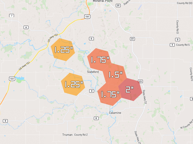 Hail map of Mineral Point, WI on Jul 2, 2026, hail up to 2"