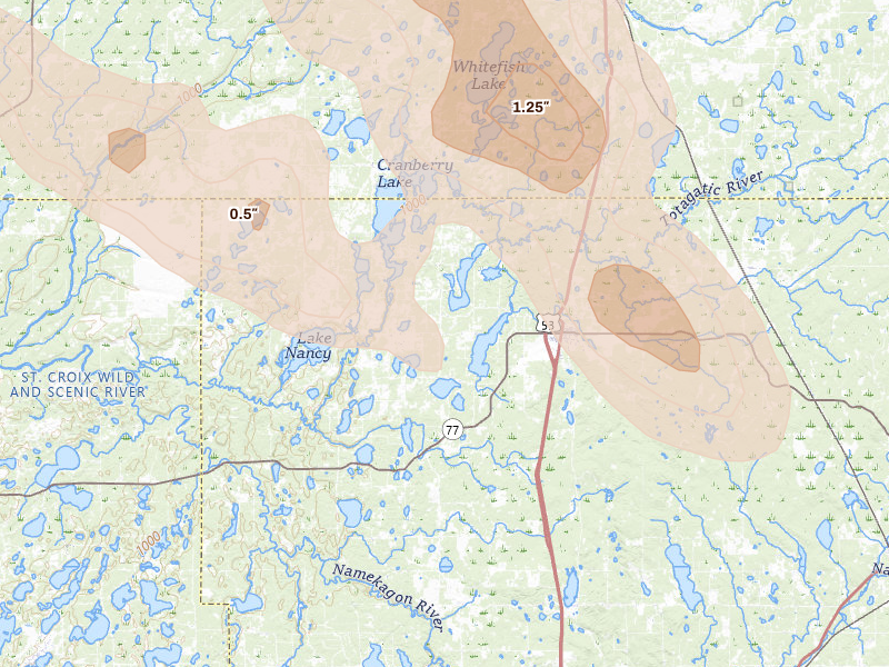 Radar-estimated hail-size map of the storm over Minong, WI on Jul 17, 2026