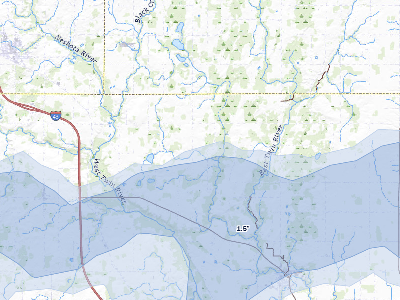 NEXRAD radar-signature map of the hail storm over Mishicot, WI on Jul 1, 2026