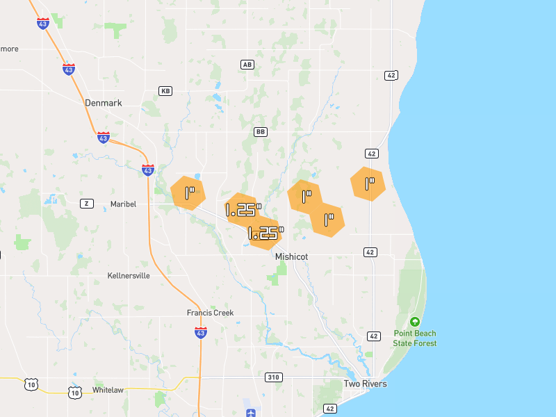 Hail map of Mishicot, WI on Jul 1, 2026, hail up to 1.25"