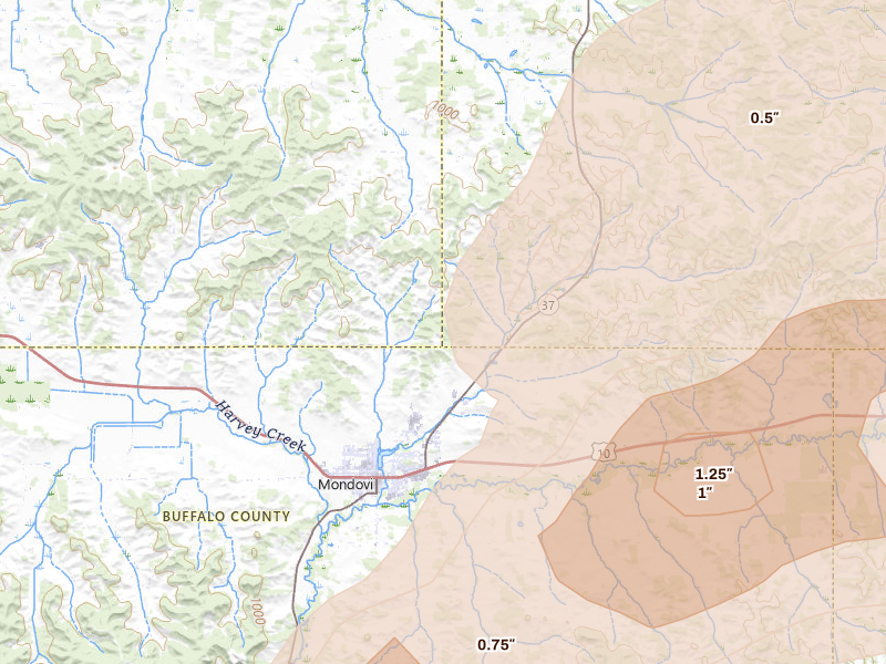 Radar-estimated hail-size map of the storm over Mondovi, WI on Apr 13, 2026