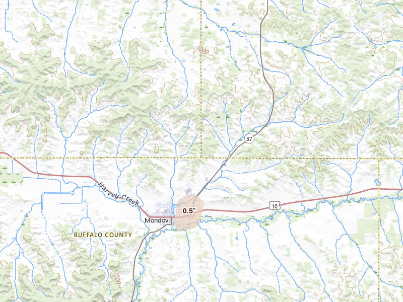 Radar-estimated hail-size map of the storm over Mondovi, WI on Apr 17, 2026