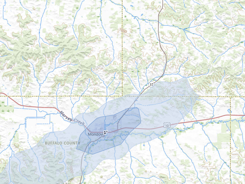 NEXRAD radar-signature map of the hail storm over Mondovi, WI on Apr 17, 2026