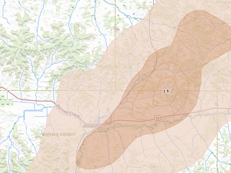 Radar-estimated hail-size map of the storm over Mondovi, WI on Jun 9, 2026