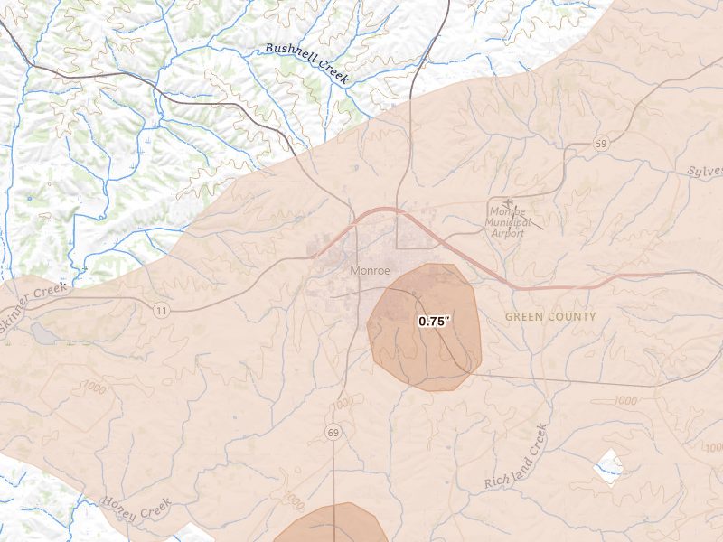 Radar-estimated hail-size map of the storm over Monroe, WI on Apr 17, 2026