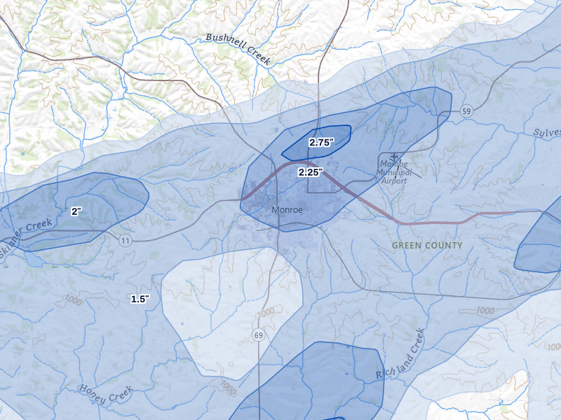 NEXRAD radar-signature map of the hail over Monroe, WI