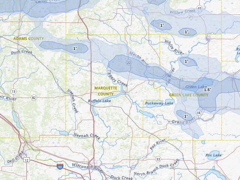 NEXRAD radar-signature map of the hail over Montello, WI