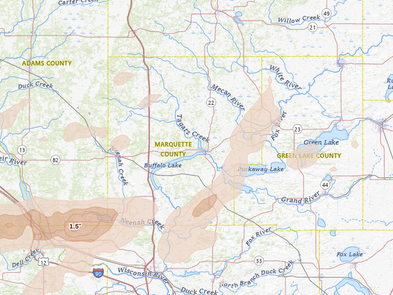 Radar-estimated hail-size map of the storm over Montello, WI