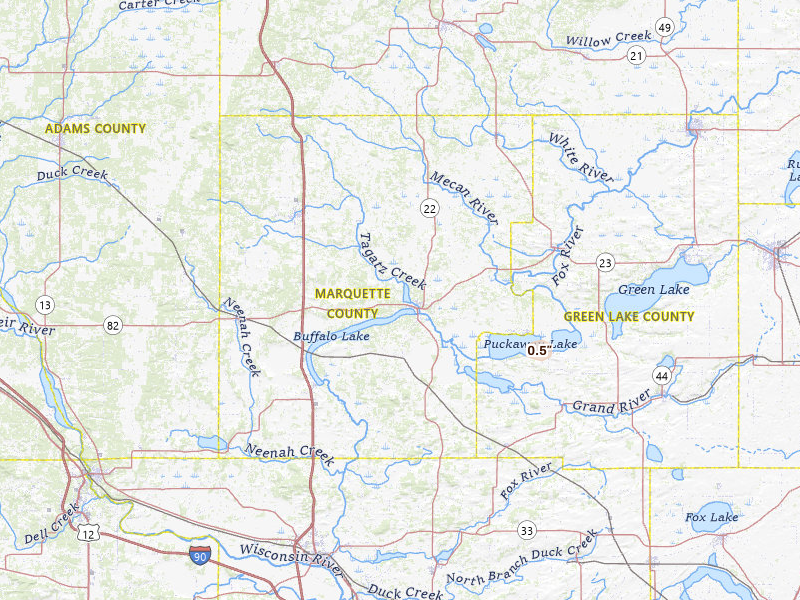 Radar-estimated hail-size map of the storm over Montello, WI on Jun 5, 2026
