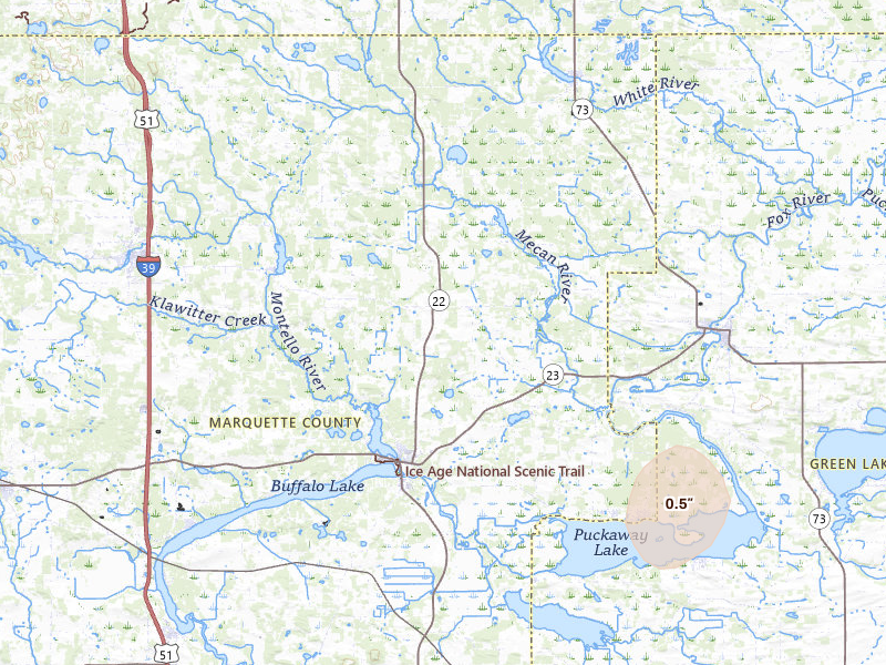 Radar-estimated hail-size map of the storm over Montello, WI on Jun 16, 2026