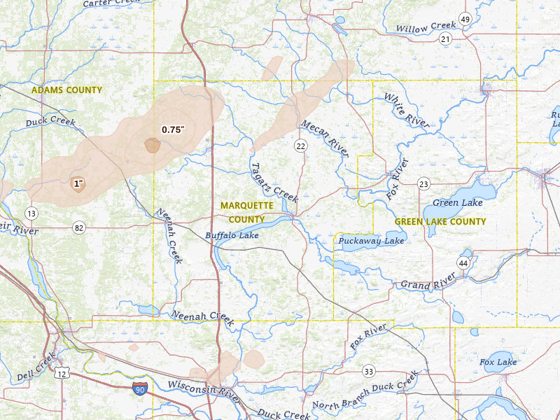Radar-estimated hail-size map of the storm over Montello, WI on Jun 30, 2026