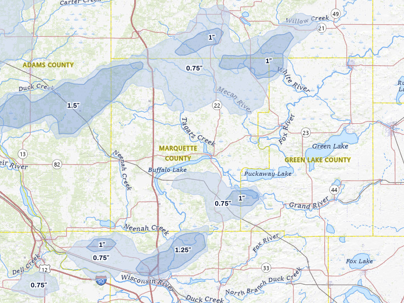 NEXRAD radar-signature map of the hail storm over Montello, WI on Jun 30, 2026