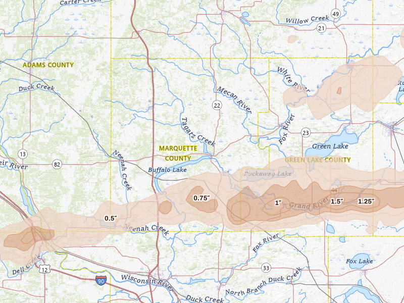 Radar-estimated hail-size map of the storm over Montello, WI on Jul 1, 2026