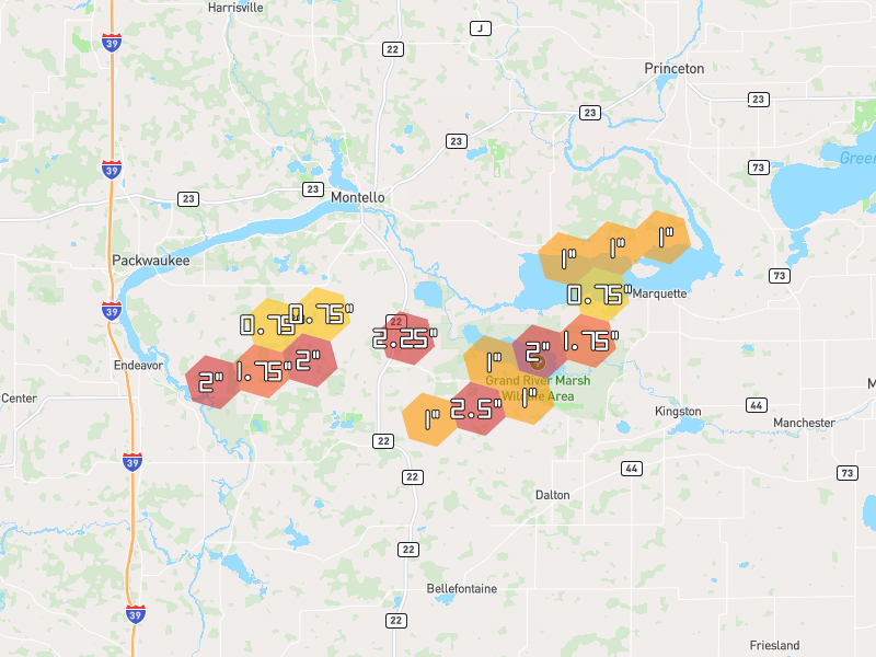 Hail map of Montello, WI on Jul 1, 2026, hail up to 2"