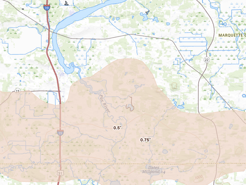 Radar-estimated hail-size map of the storm over Montello, WI on Aug 9, 2026