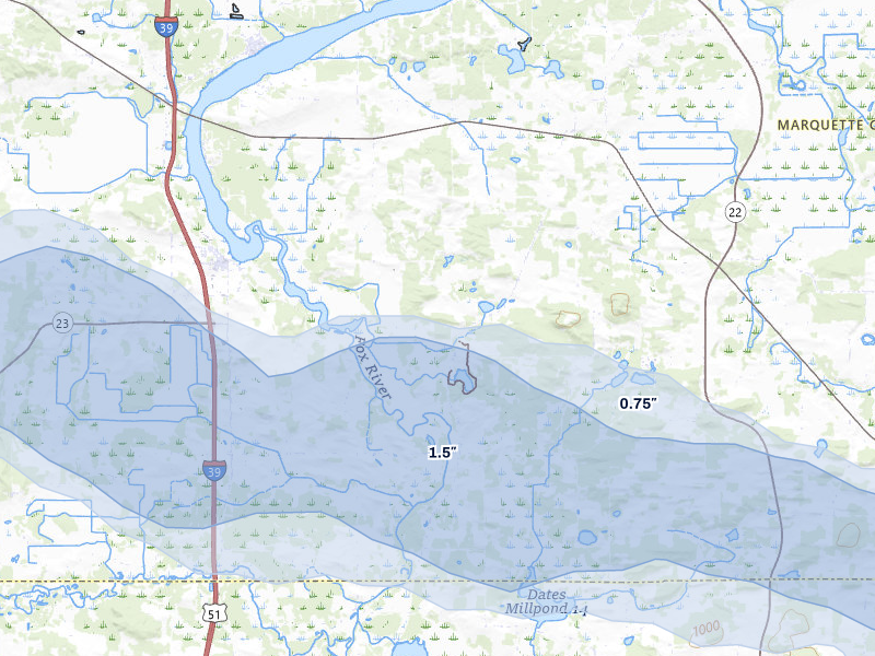 NEXRAD radar-signature map of the hail storm over Montello, WI on Aug 9, 2026
