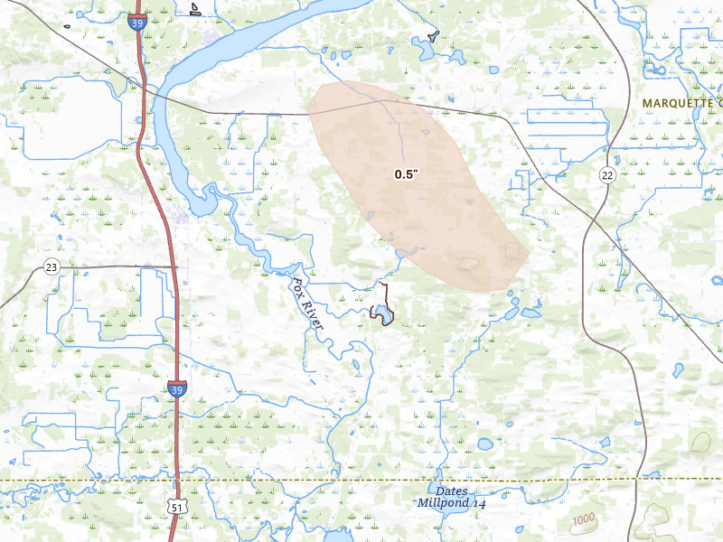 Radar-estimated hail-size map of the storm over Montello, WI on Aug 11, 2026