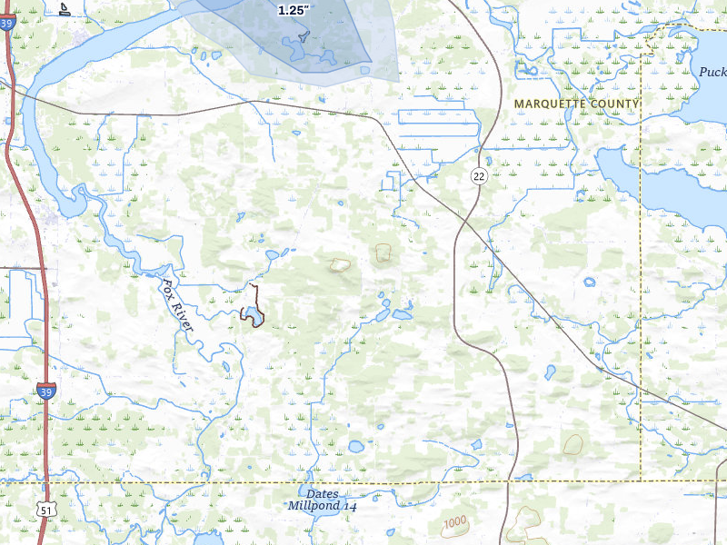 NEXRAD radar-signature map of the hail storm over Montello, WI on Aug 11, 2026
