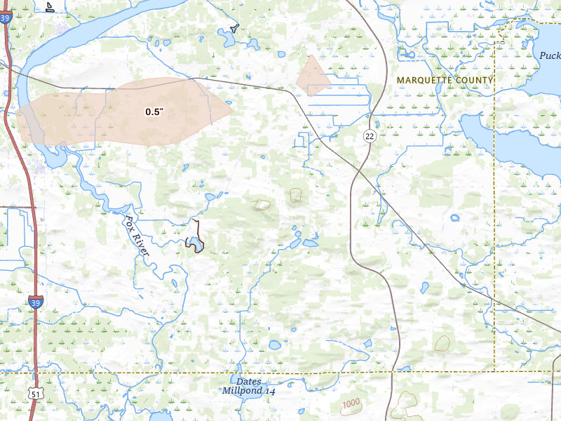 Radar-estimated hail-size map of the storm over Montello, WI on Aug 18, 2026