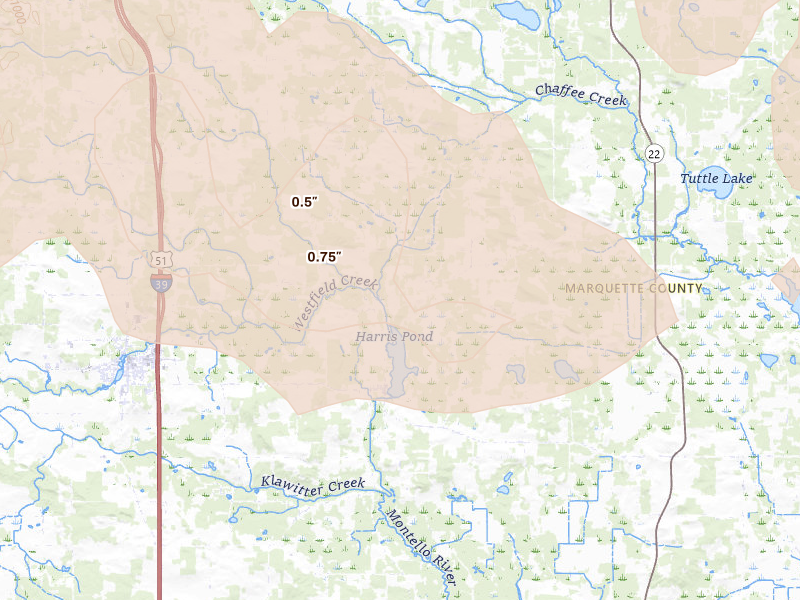 Radar-estimated hail-size map of the storm over Montello, WI on Sep 1, 2026