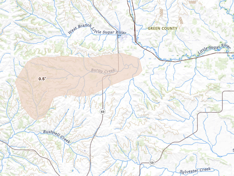 Radar-estimated hail-size map of the storm over Monticello, WI on Jul 2, 2026