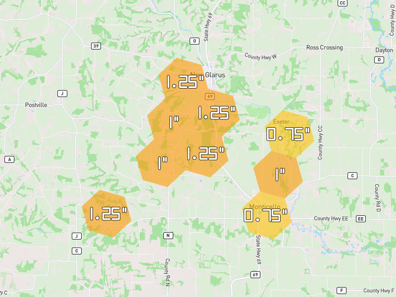 Hail map of Monticello, WI on Jul 2, 2026, hail up to 1.25"