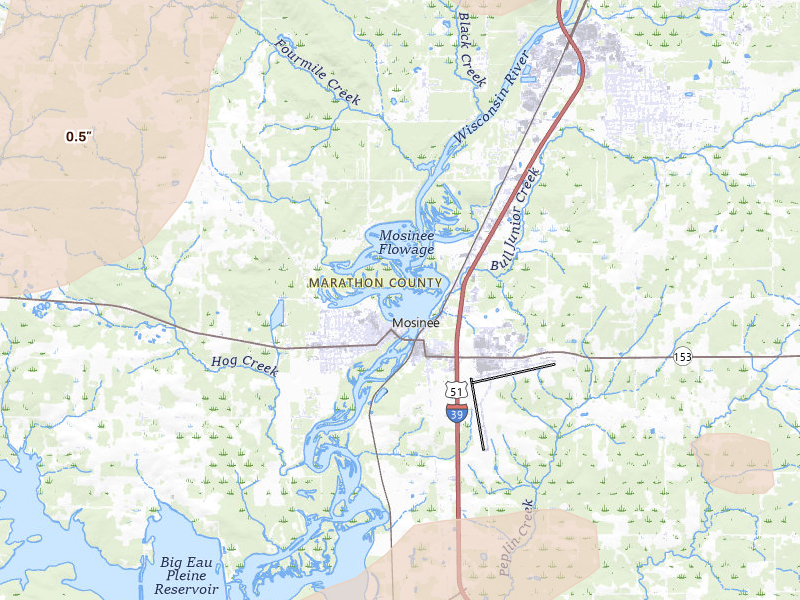 Radar-estimated hail-size map of the storm over Mosinee, WI on Apr 13, 2026