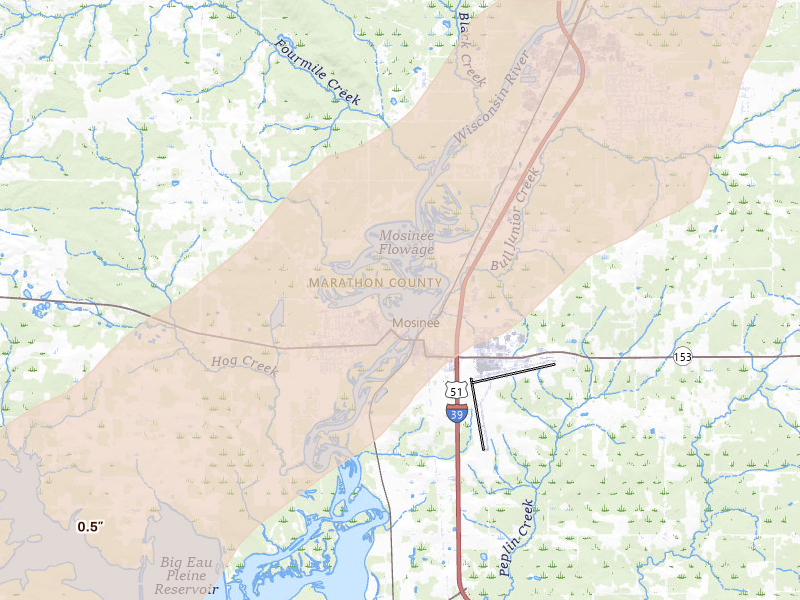 Radar-estimated hail-size map of the storm over Mosinee, WI on Apr 17, 2026