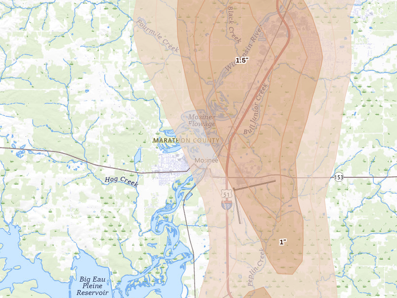 Radar-estimated hail-size map of the storm over Mosinee, WI on May 27, 2026