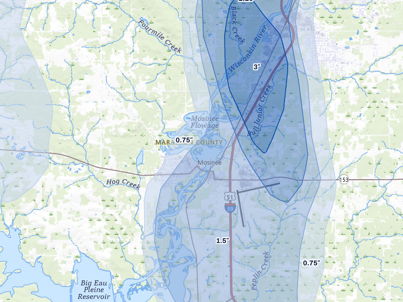 NEXRAD radar-signature map of the hail storm over Mosinee, WI on May 27, 2026