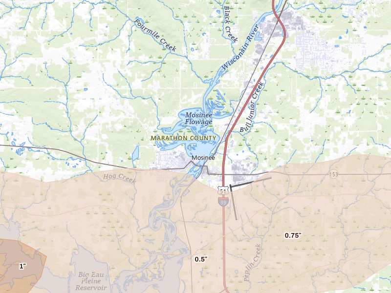 Radar-estimated hail-size map of the storm over Mosinee, WI on Jun 30, 2026